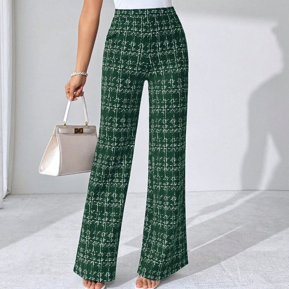 Dark Green Elegant Women's Plaid Printed Pants